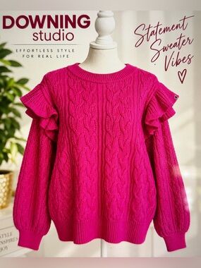 NWT Downing Studio 2X Hot Pink Cable Knit Ruffle Statement Sweater